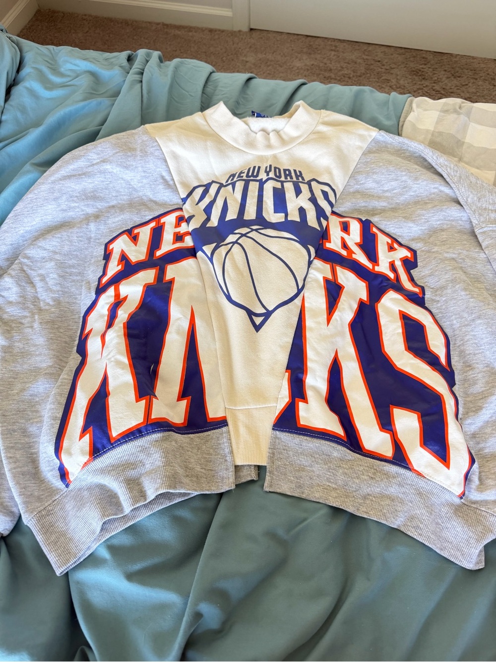 NBA New York Knicks Gray Crewneck Sweatshirt with Blue and Orange Graphic